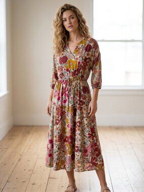 Faveur Boho Floral Print Midi/Maxi Dress Drawstring Waist 3/4 Sleeves Size: L